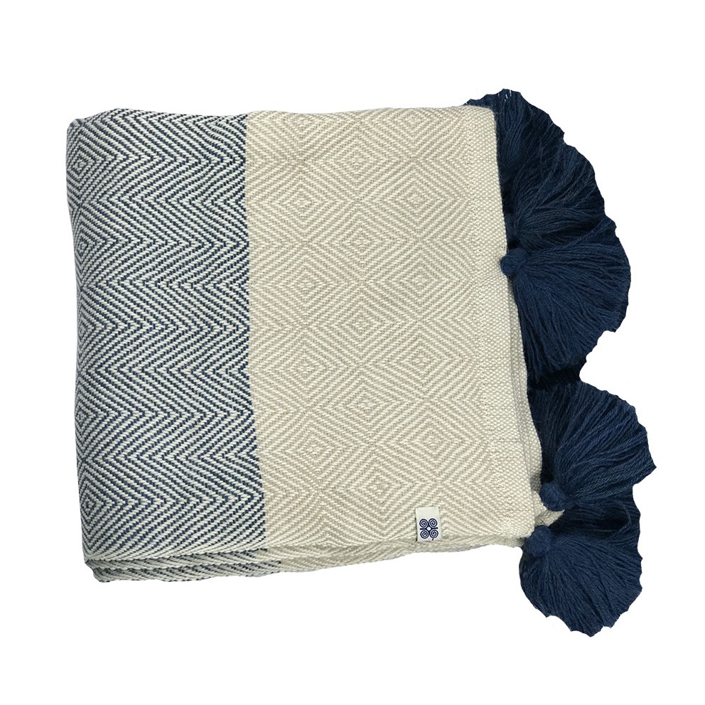 T'RU Premium Baby Alpaca Wool Blanket Santa Marea White/Navy Blue