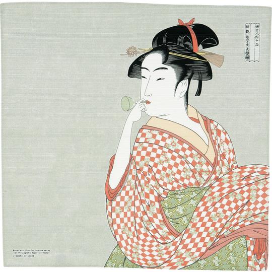 Musubi Furoshiki Ukiyo-e / Young Woman Blowing a Poppin – Gray 48cm